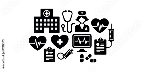 A collection of black medical icons including a hospital and nurse silhouette
