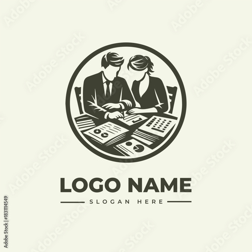 Classic business partnership vector logo illustration with a vintage engraving design of people at a desk