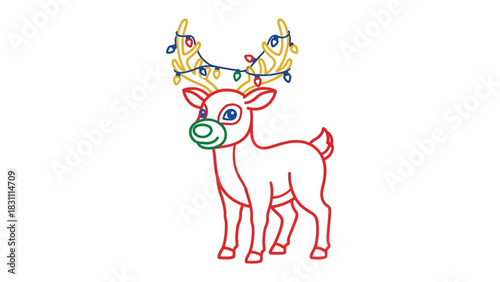 Festive Holiday Reindeer: An outline illustration of a reindeer with colorful lights adorning its antlers, perfect for conveying holiday cheer and seasonal joy.