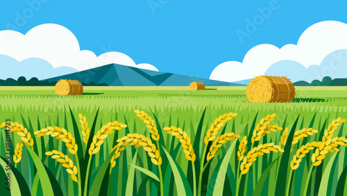 This bright, flat-style illustration depicts a lush green rice field under a sunny blue sky with clouds, backed by distant mountains, capturing a peaceful rural agricultural landscape.