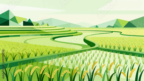 This bright, flat-style illustration depicts a lush green rice field under a sunny blue sky with clouds, backed by distant mountains, capturing a peaceful rural agricultural landscape.