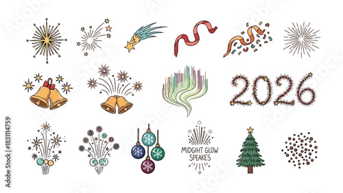 New Year Festive Elements: A colorful assortment of holiday-themed illustrations including fireworks, ornaments, a Christmas tree, bells and ribbons.