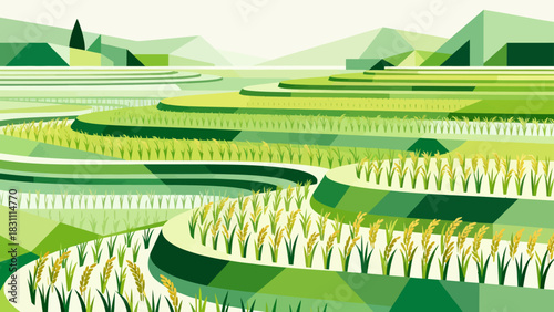 This bright, flat-style illustration depicts a lush green rice field under a sunny blue sky with clouds, backed by distant mountains, capturing a peaceful rural agricultural landscape.