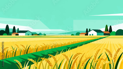This bright, flat-style illustration depicts a lush green rice field under a sunny blue sky with clouds, backed by distant mountains, capturing a peaceful rural agricultural landscape.