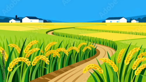 This bright, flat-style illustration depicts a lush green rice field under a sunny blue sky with clouds, backed by distant mountains, capturing a peaceful rural agricultural landscape.