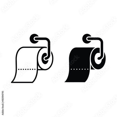 Two toilet paper rolls are depicted on a holder, one in outline and one filled in black.