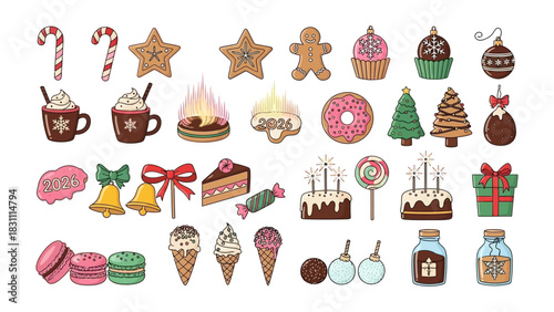 Festive treats collection: An assortment of cheerful festive treats arranged to create a whimsical and appetizing image, designed to celebrate the festive season. 