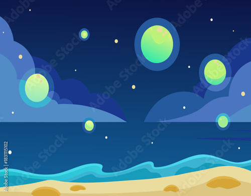 Night beach with planets