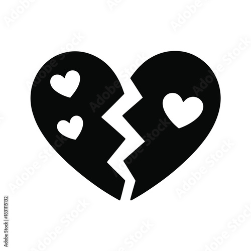 A broken heart with three small hearts symbolizes emotional pain and heartbreak.