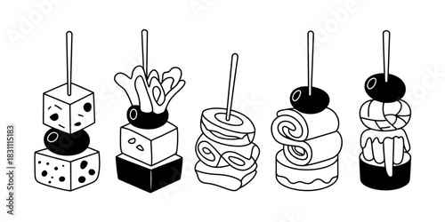 A line drawing of five appetizer skewers with cheese olives and rolled meats
