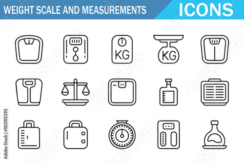 Kitchen, Bathroom and Luggage Scale Line Icons Set in Thin Style