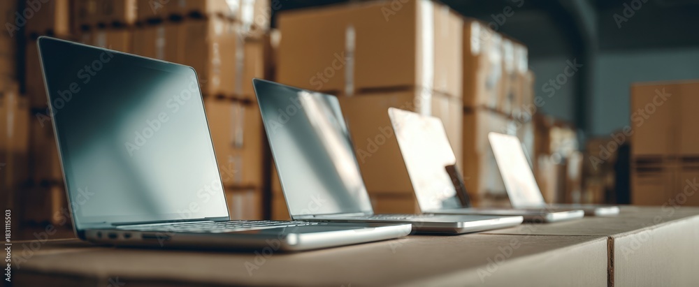 Obraz premium The Laptops on Cardboard Boxes in Warehouse Ready for Inventory and Shipping