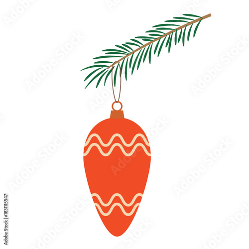 A Christmas ball on a fir branch. Retro-style New Year's decor. Flat vector illustration isolated on a white background