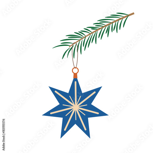 A Christmas ball on a fir branch. Retro-style New Year's decor. Flat vector illustration isolated on a white background