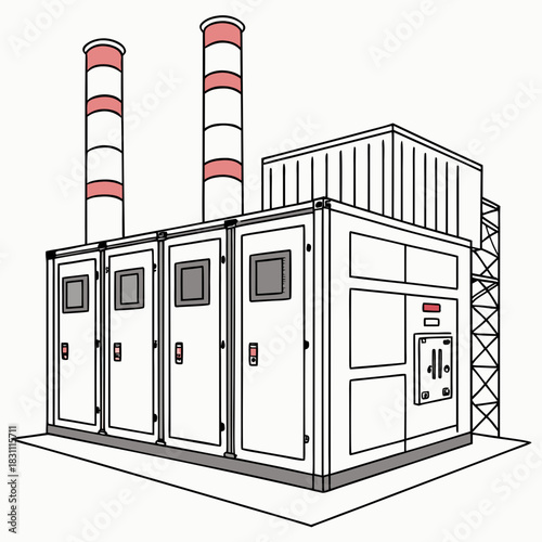 Modern industrial power generation unit with two tall smokestacks and control panels