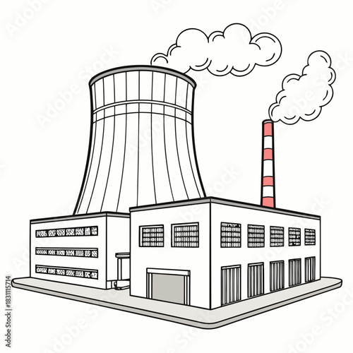 Illustration of a modern industrial power plant with a cooling tower and smokestack emitting steam against a white background