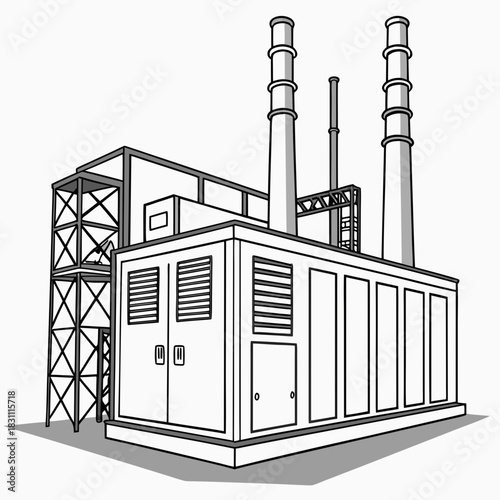 Modern industrial power plant with tall smokestacks and a complex structure against a white background