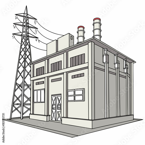 Industrial power plant building with tall transmission tower and electrical wires on white background