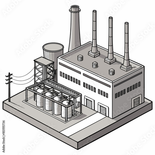 Isometric illustration of a modern industrial factory complex with smokestacks and storage tanks