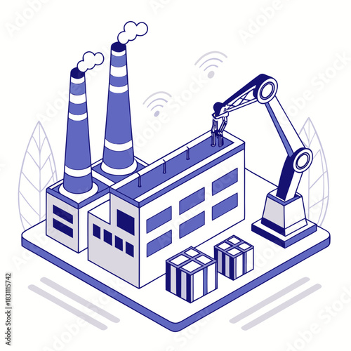 Modern factory with robotic arm and smoke stacks representing industrial automation and smart technology