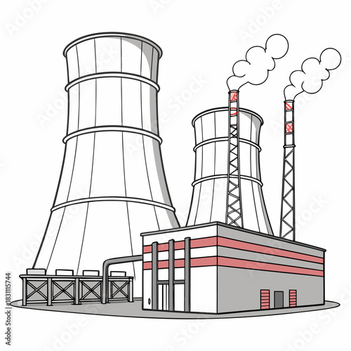 Stylized illustration of a power plant with large cooling towers and smoke emitting from chimneys