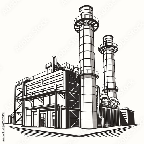 Modern industrial power plant with tall smokestacks and complex architecture against a white background