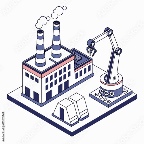 Isometric illustration of a modern factory with smokestacks and a robotic arm in a clean industrial setting