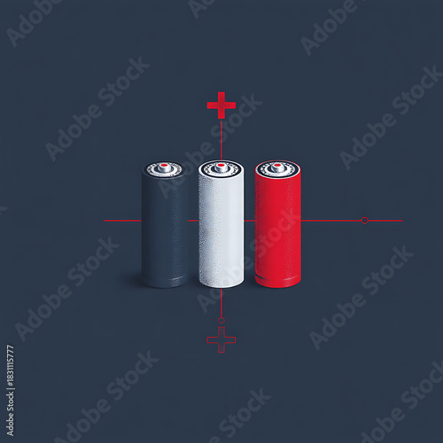 Three batteries, dark navy, bright red, white