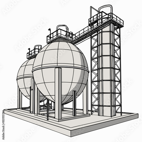 Illustration of spherical storage tanks and a tall industrial tower connected by a walkway