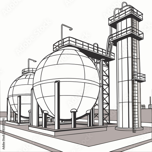 Industrial plant with spherical storage tanks and a tall tower against a white background