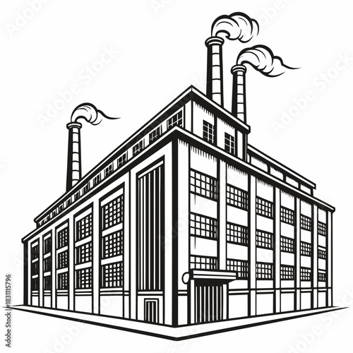 Vintage industrial factory building with smoke billowing from chimneys black and white illustration