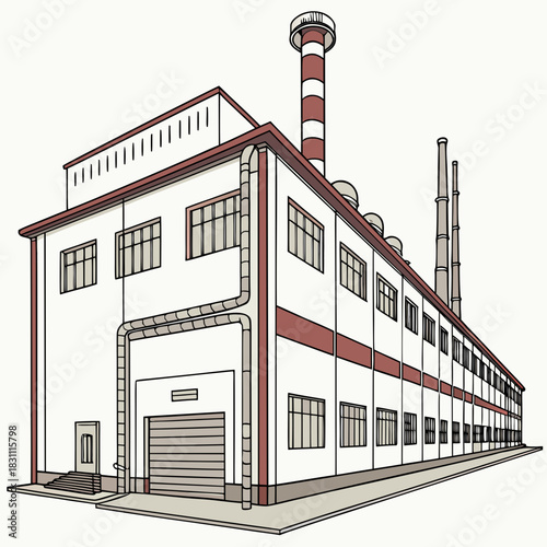 Illustration of a classic industrial factory building with multiple chimneys and large loading bay doors