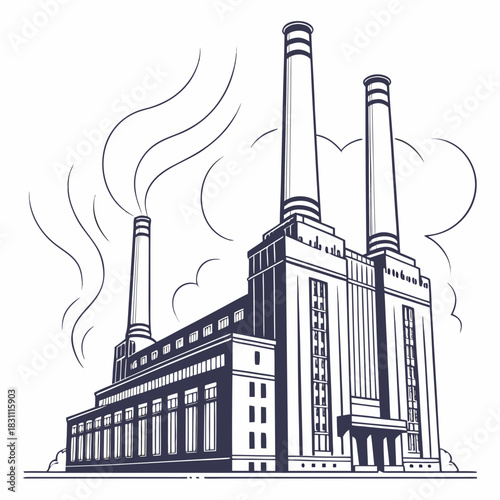Iconic industrial power station with three tall chimneys emitting stylized smoke plumes against a white background