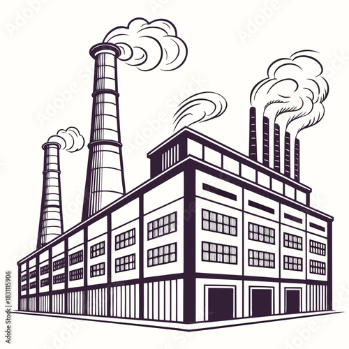 Retro industrial factory building with smoke billowing from chimneys in a stylized illustration