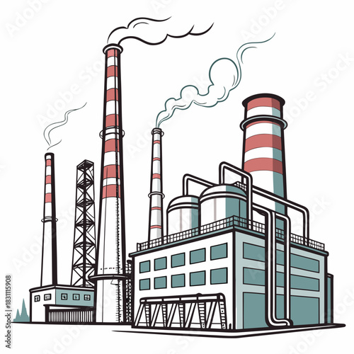 Industrial factory complex with smokestacks emitting smoke against a white background illustration