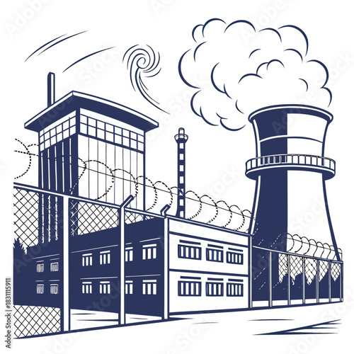 Industrial complex with cooling tower and control tower behind barbed wire fence