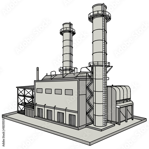 Modern industrial power plant with two tall smokestacks and a complex structure against a white background