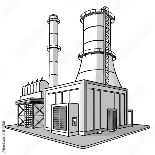 Industrial power plant with cooling tower and smokestack a modern factory illustration