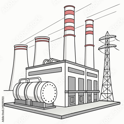 Industrial power plant with cooling towers smokestacks and electricity transmission tower