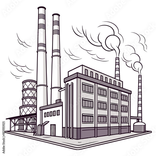 Stylized illustration of a factory with smokestacks emitting smoke against a cloudy sky