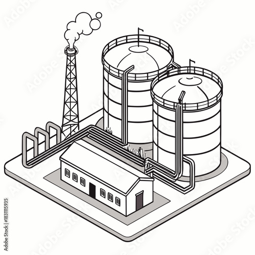 Industrial facility with large storage tanks a processing building and a smoking smokestack in isometric view