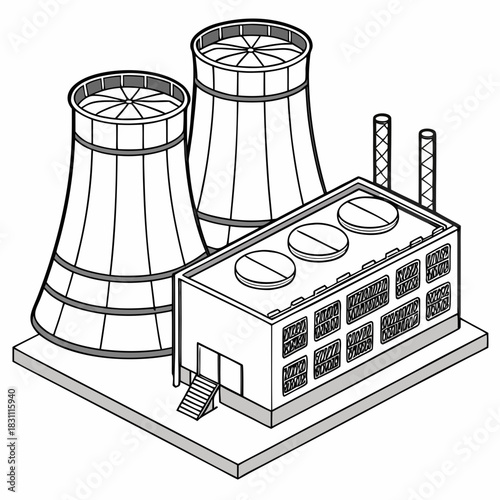 Isometric line art illustration of a nuclear power plant with cooling towers and industrial building