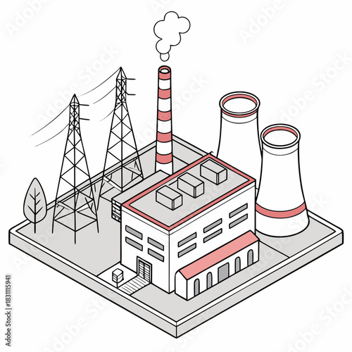 Isometric illustration of a modern industrial power plant with cooling towers and smoke stacks