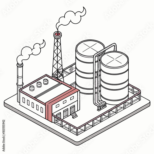 Isometric illustration of an industrial factory with smokestacks and large storage tanks emitting smoke