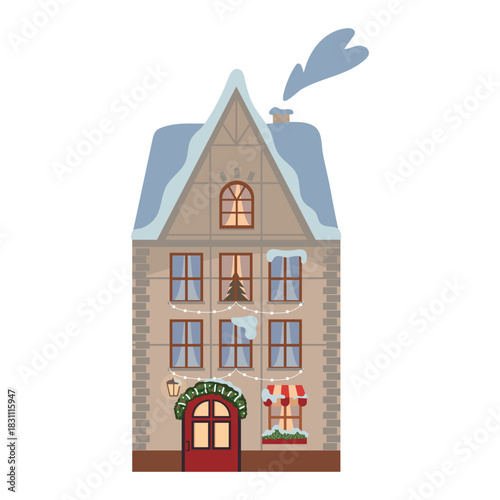 Christmas building in snow, decorated for holiday.  Christmas winter old building  with festive ornament, decoration. Europe home facade. Flat vector illustration
