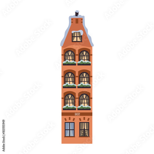Christmas building in snow, decorated for holiday.  Christmas winter old building  with festive ornament, decoration. Europe home facade. Flat vector illustration