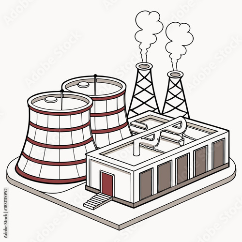 Stylized illustration of a power plant with cooling towers and smokestacks emitting steam