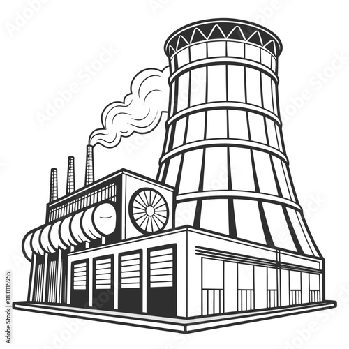 Stylized black and white illustration of a large industrial factory with a cooling tower and smokestacks emitting steam