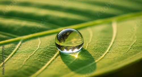 Macro Water Droplet on Green Leaf Reflecting Pine Tree