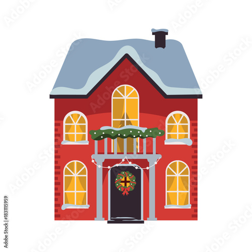 Christmas building in snow, decorated for holiday.  Christmas winter old building  with festive ornament, decoration. Europe home facade. Flat vector illustration
